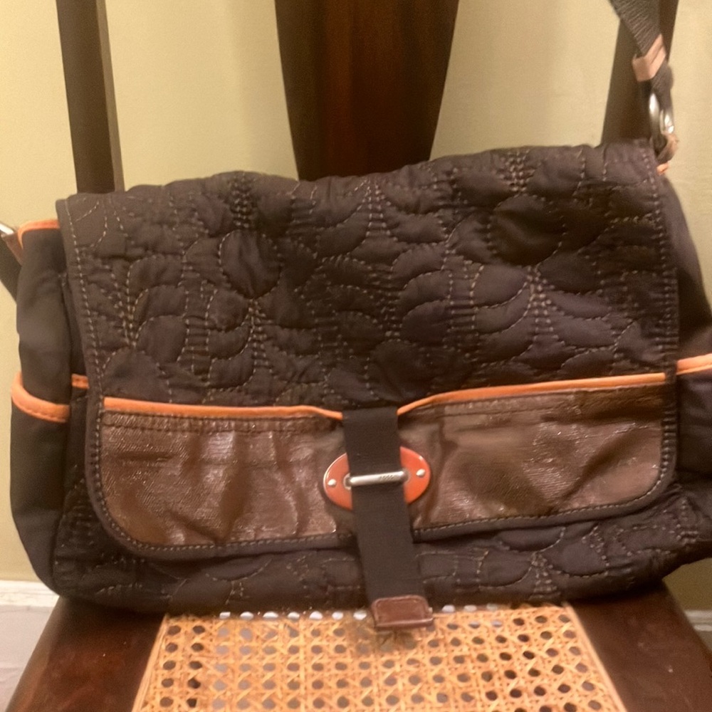 Quilted Brown Shoulder Fossil (Keyper) Bag with Leather Accents